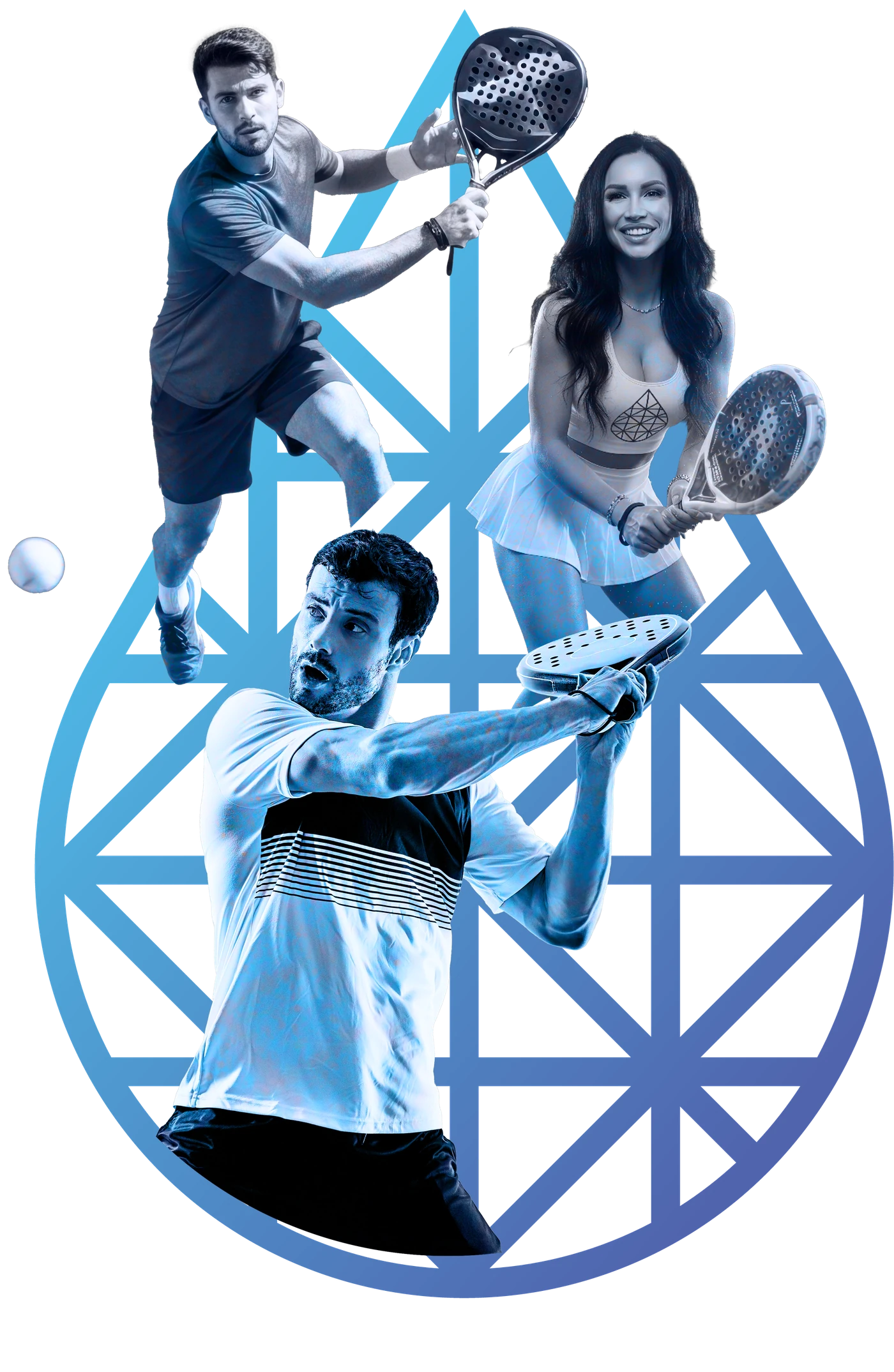 Three padel players mid-rally inside the Elivate droplet mark