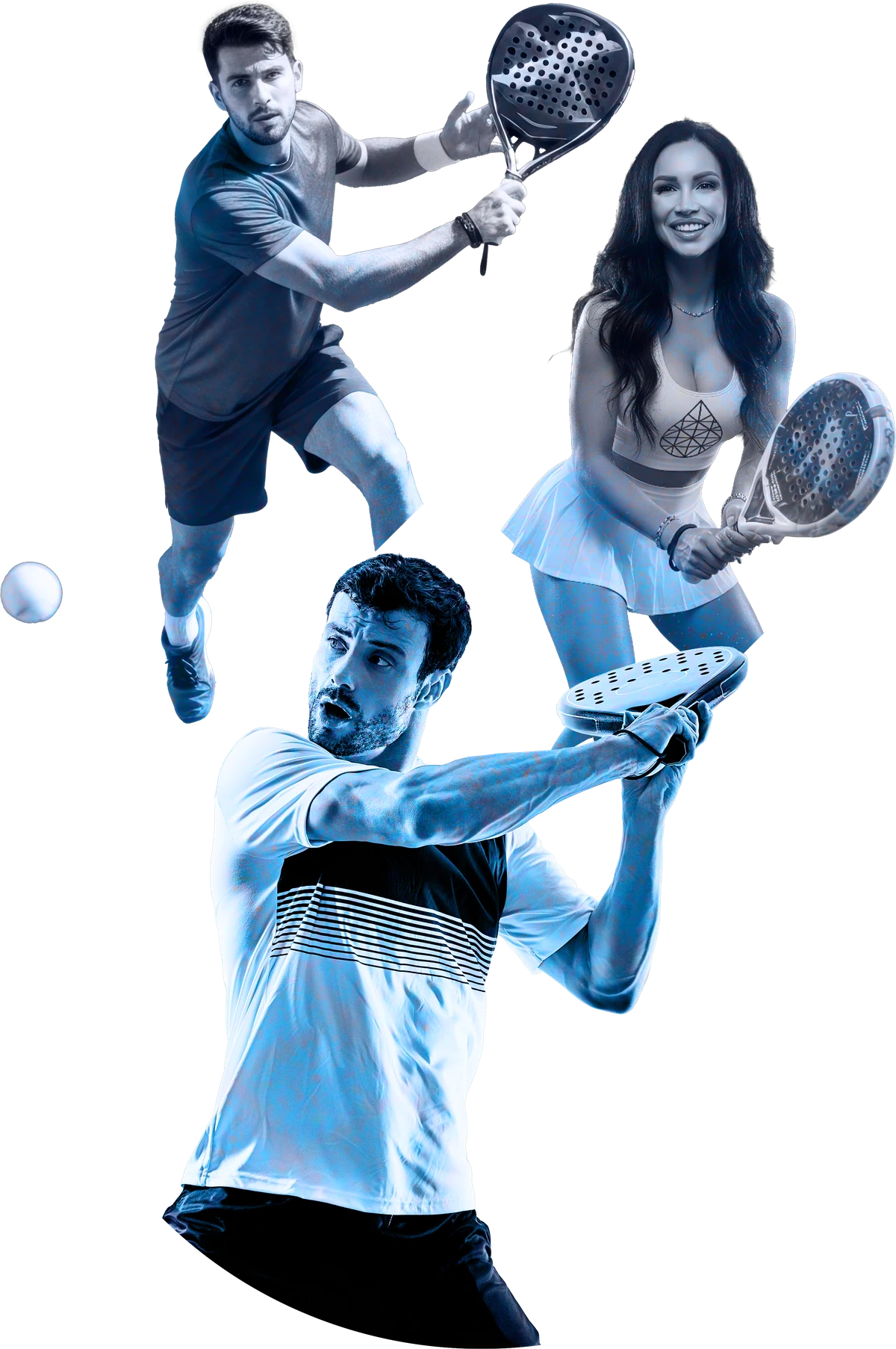 Three padel players mid-rally